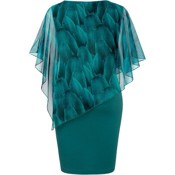 Women's Mesh Cape Overlay Bodycon Dress for Wedding Guest Knee Length - Picture 2 of 4